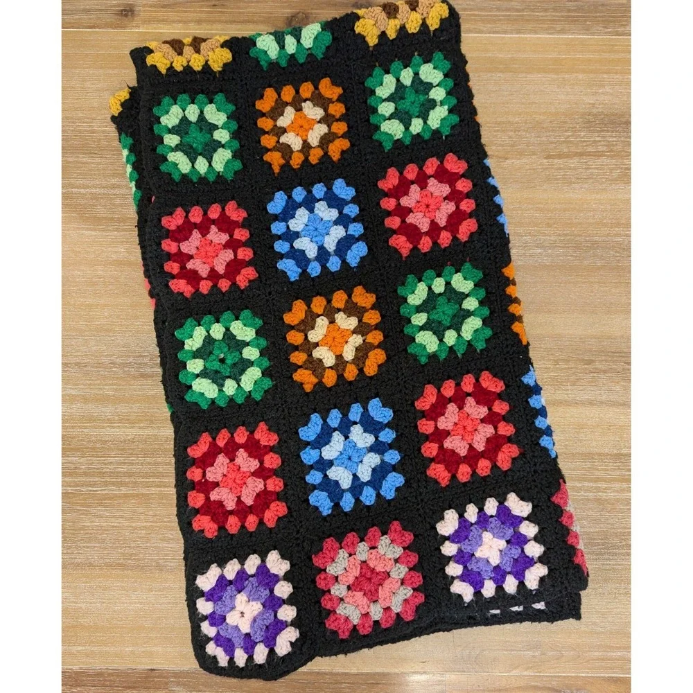 VTG Granny Square Roseanne Afghan Crochet Multicolor Blanket Throw Colorful READ